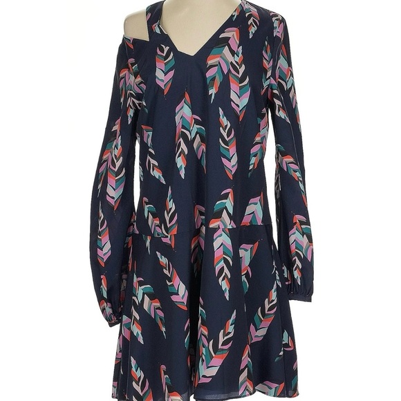 Crosby by Mollie burch blue and multi color feathers cold shoulder long sleeves - Picture 1 of 5